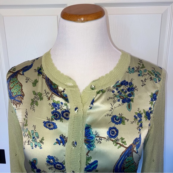 Nanette Lepore 100% Silk Blouse and Cardigan Set Light Green Peacocks 4 S Rare - Picture 11 of 12